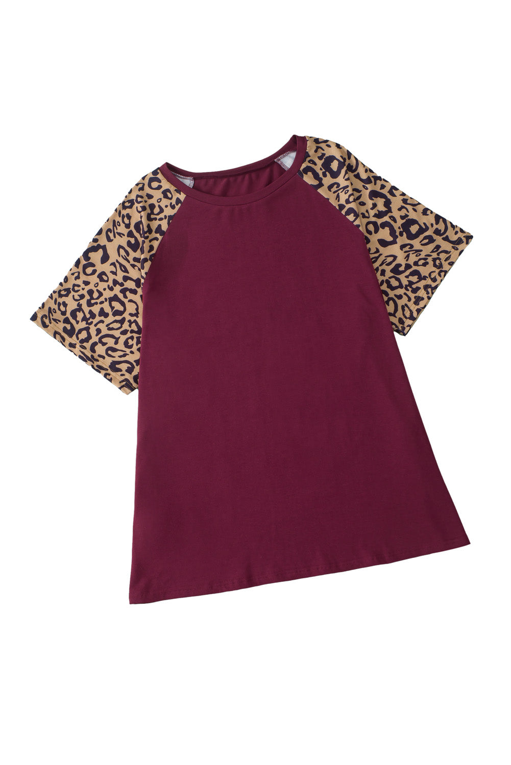 Burgundy Contrast Leopard Raglan Sleeve Plus Size T-shirt