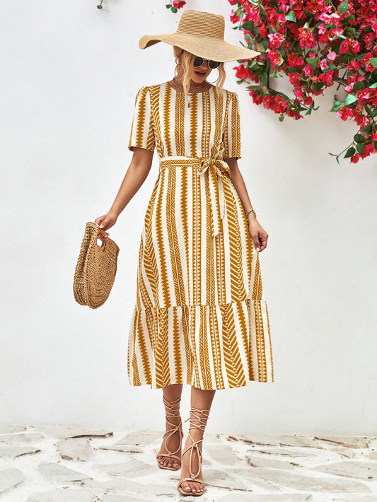 Modest Ivory Gold Striped Tie Belt Midi Drese