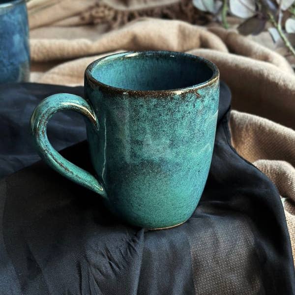 Turquoise & Black Mug w/ Hints of Blue & Brown Coffee Mug Set of 4