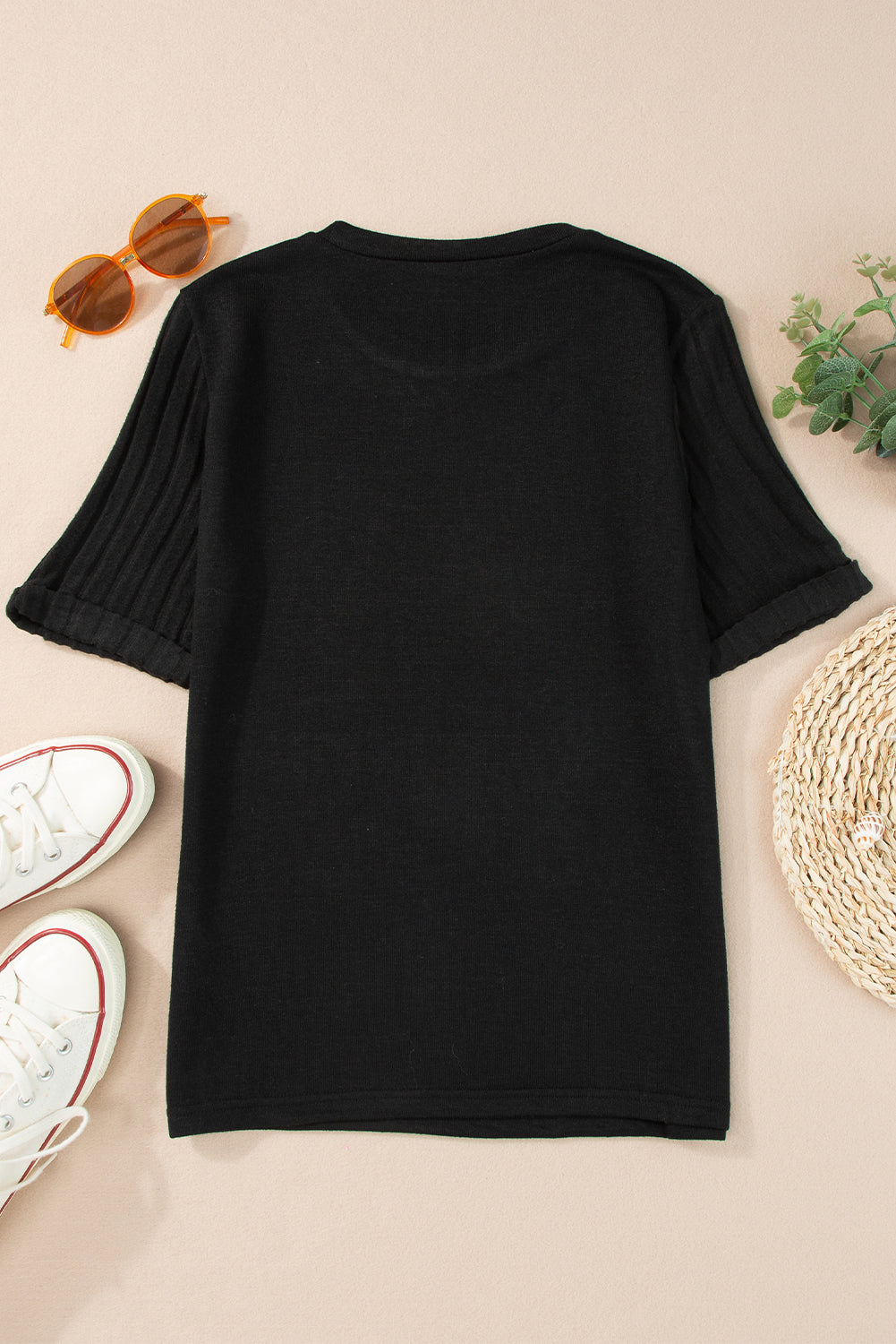 Black Ribbed Splicing Sleeve Round Neck T-shirt