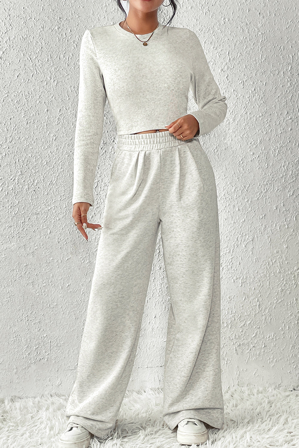 Casual White Crop Top & Flowy Wide Leg Pants