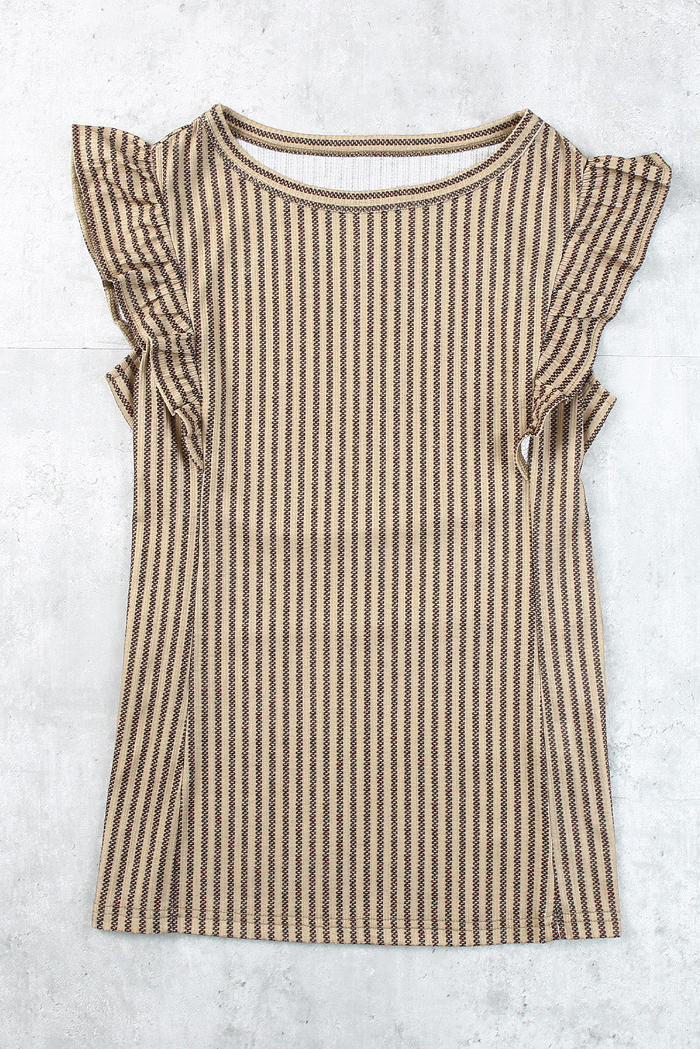 Khaki Striped Crew Neck Ruffled Tank Top