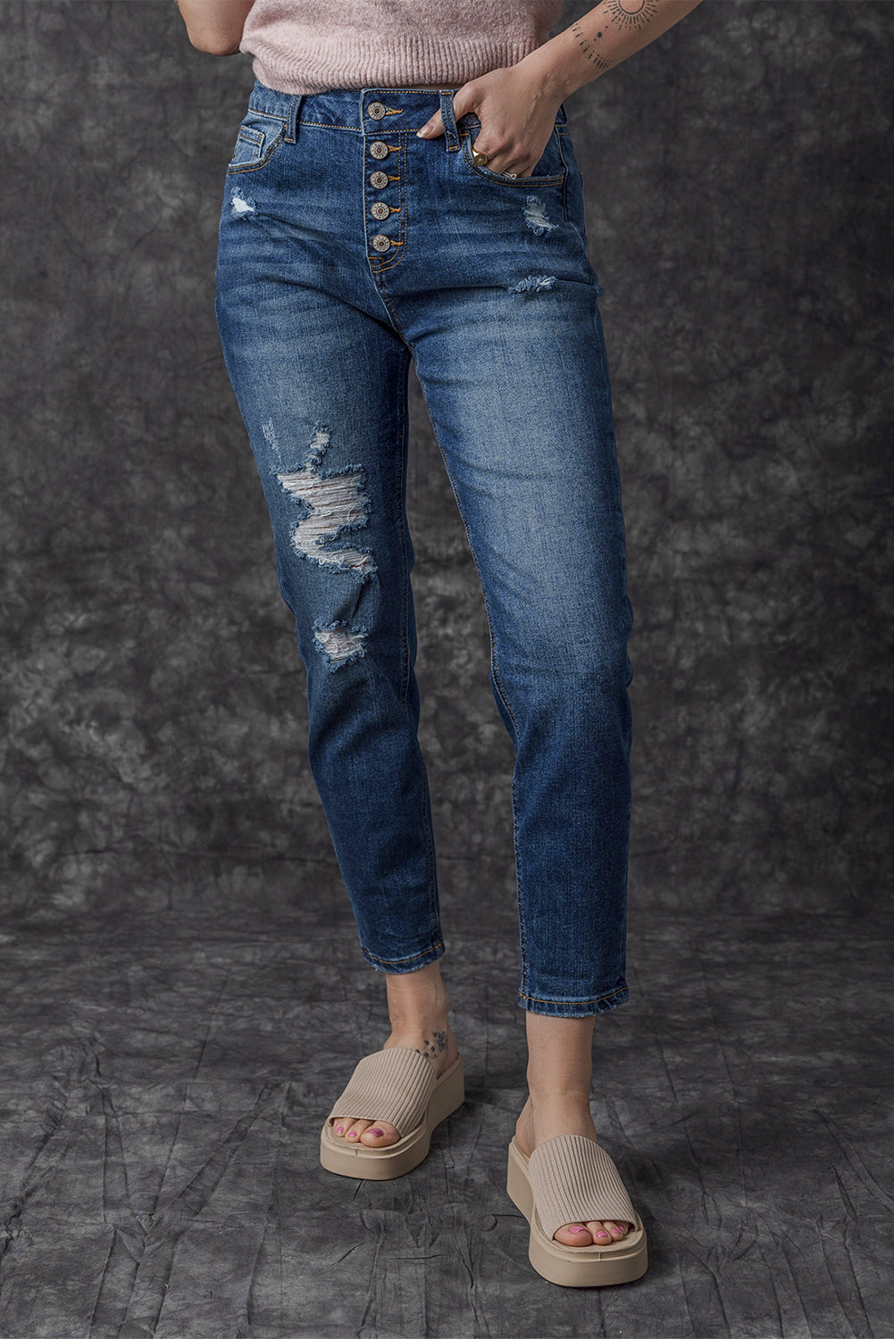 Blue Distressed Button Fly High Waist Skinny Jeans