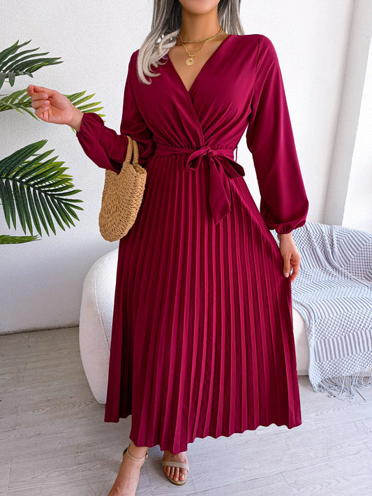 Burgundy Elegant Pleated Maxi Dress