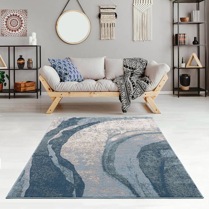 Abstract Grace Wave Area Rug, Blue