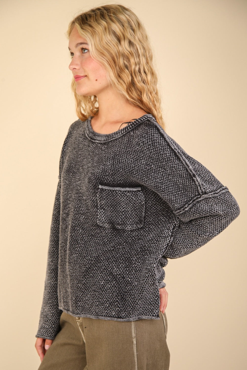 Black Mineral Washed Exposed  Seam Knit Sweater