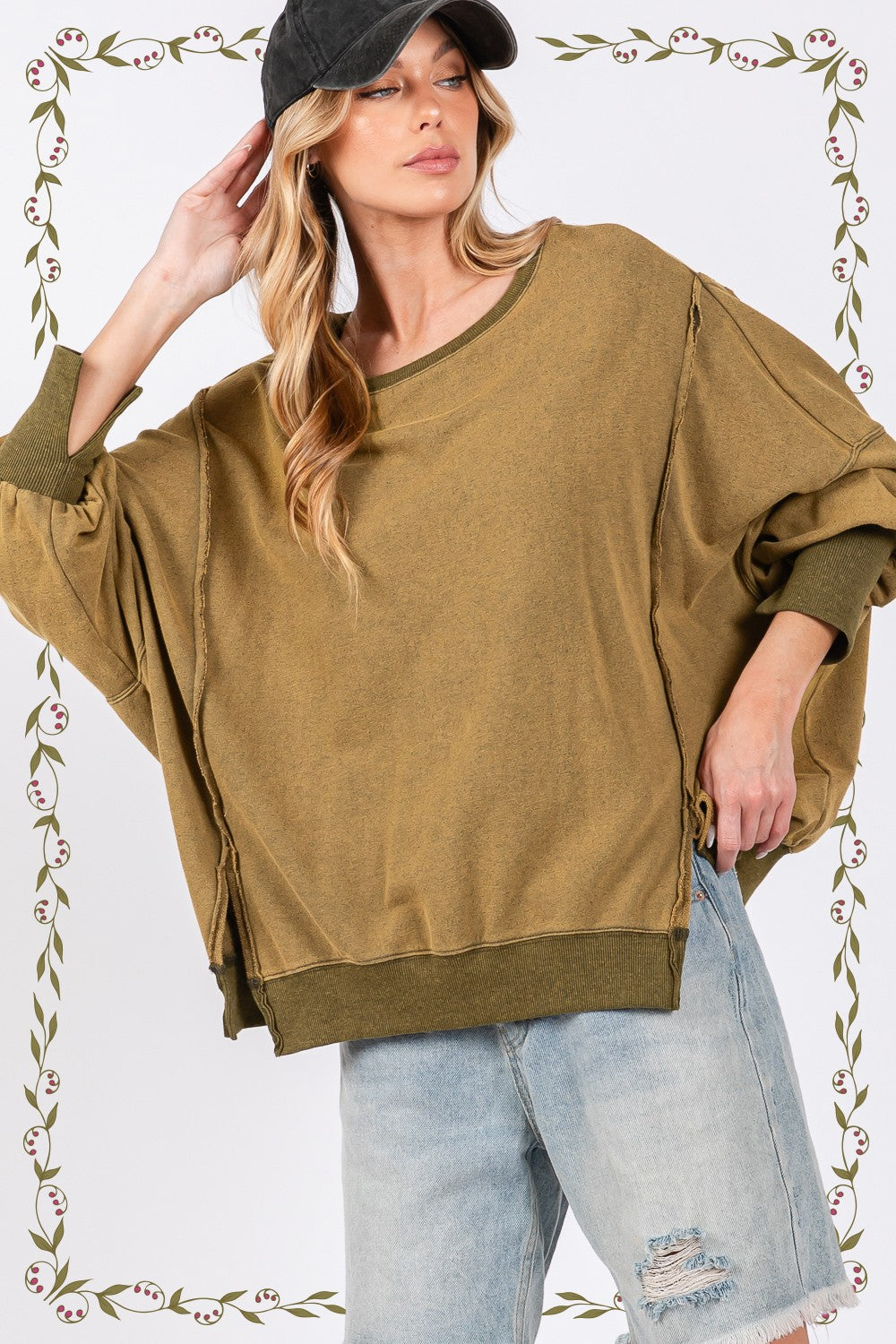 Army Green Slit Oversized Sweatshirt