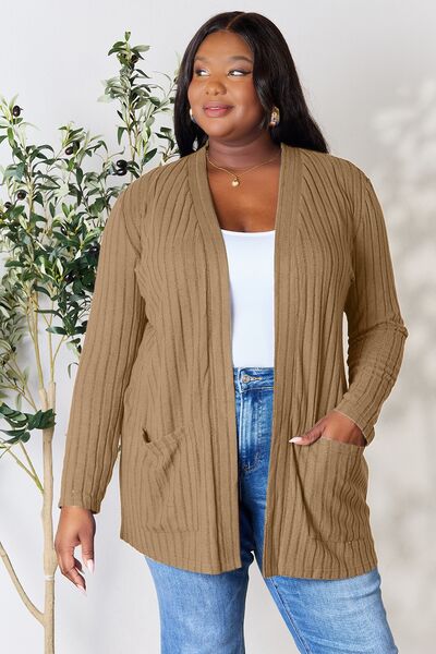 Blue Ribbed Open Front Cardigan with Pockets