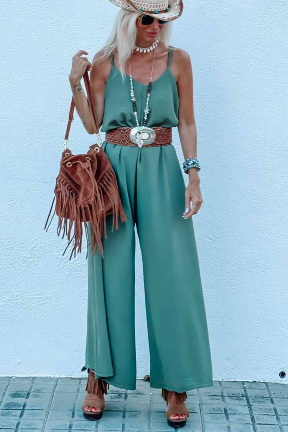 Green Solid Color Spaghetti Straps Wide Leg Jumpsuit