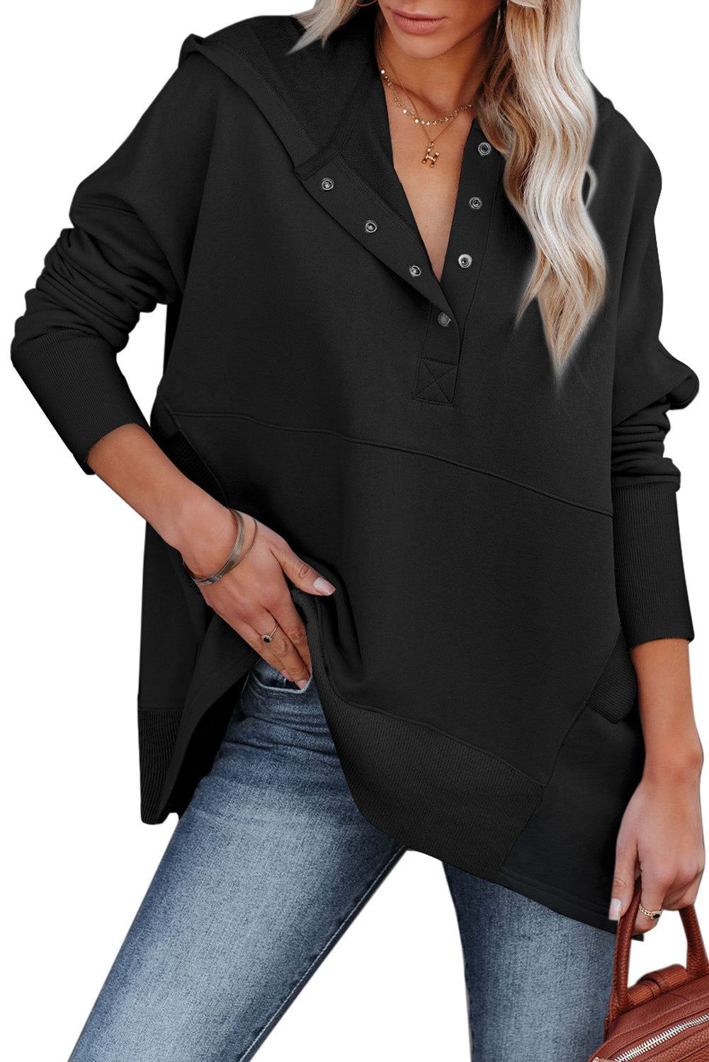 Black Batwing Sleeve Pocketed Henley Hoodie