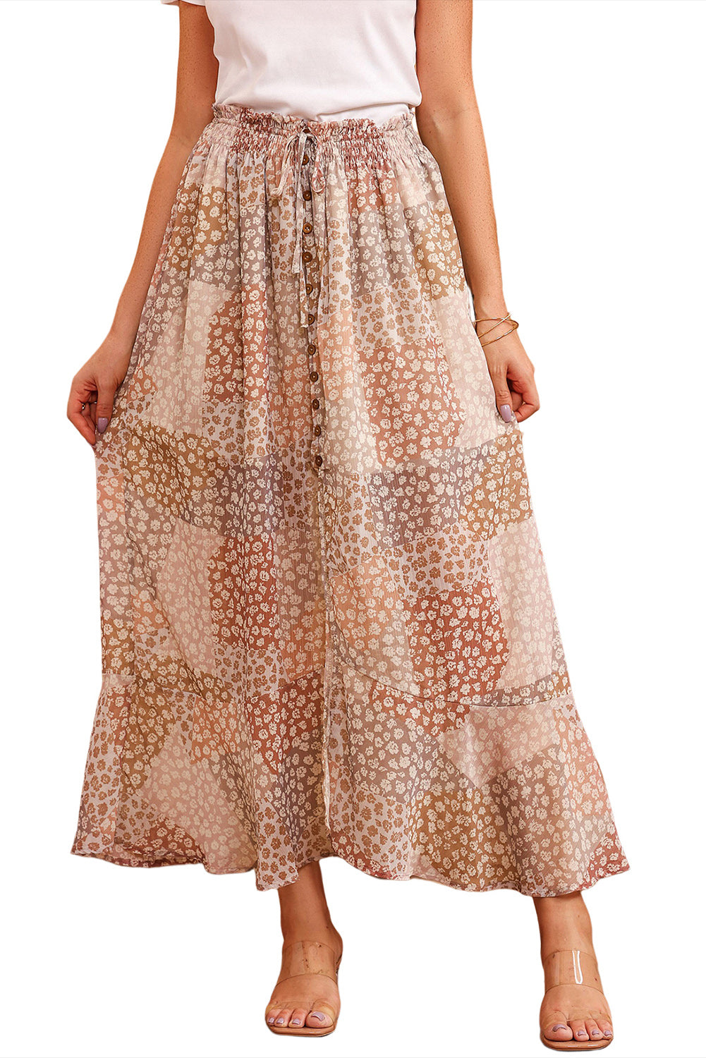 Apricot Boho Flower Print Smocked Waist Button Slit Maxi Skirt