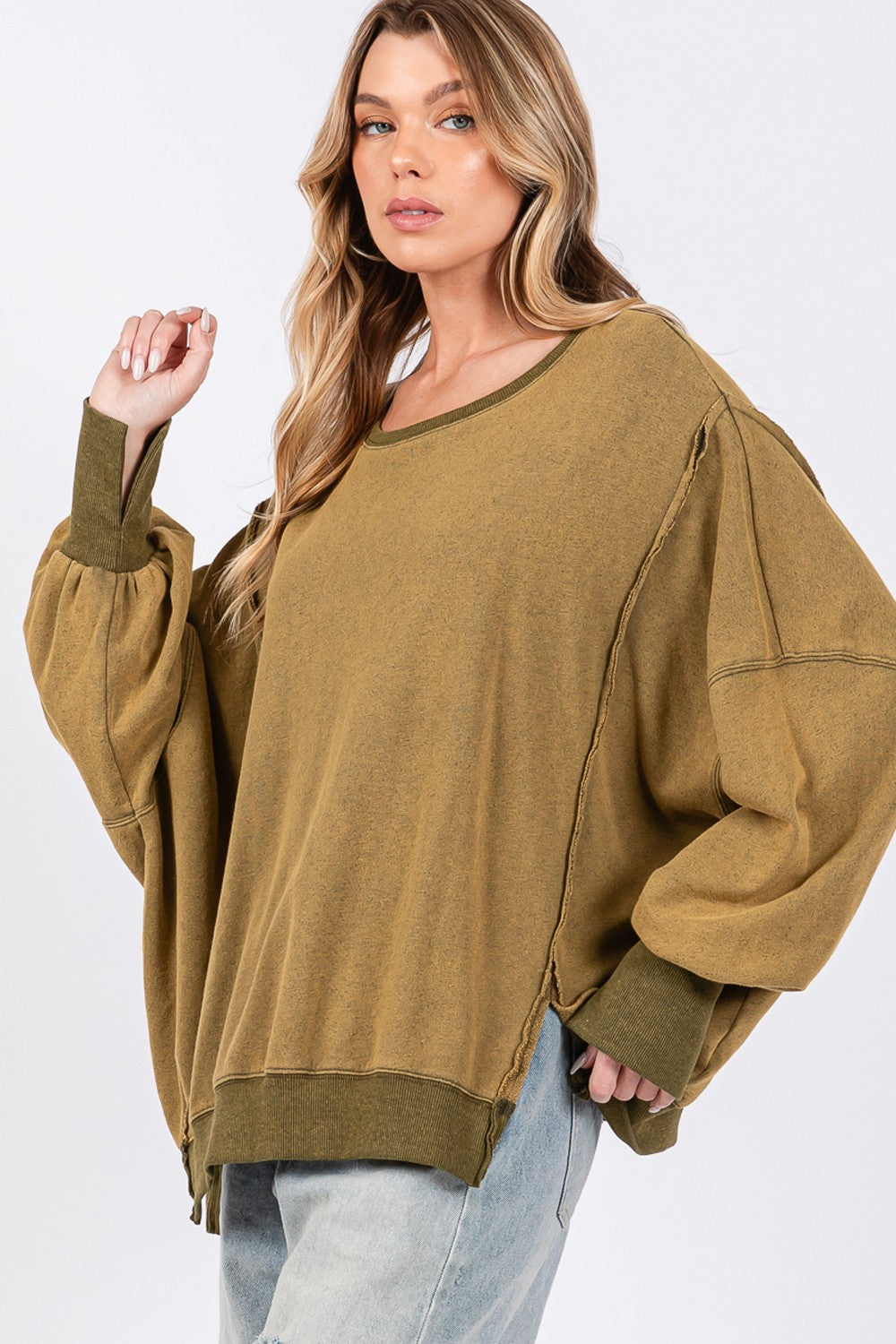 Army Green Slit Oversized Sweatshirt