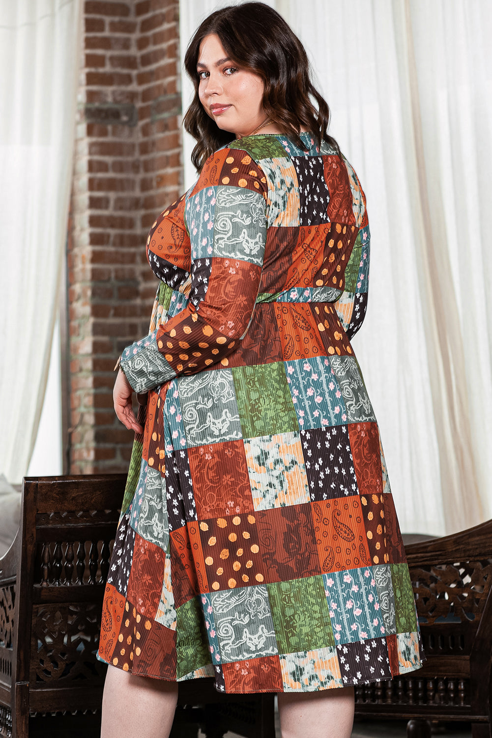 Green Printed Multicolor Western Checkered Plus Size Swing Dress