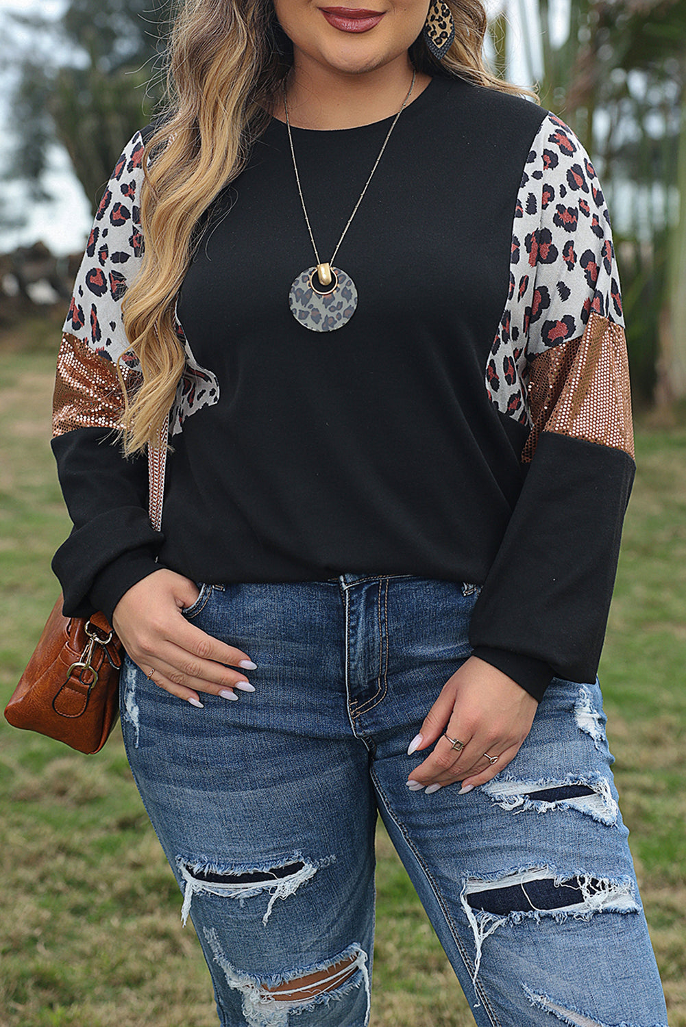 Plus Size Women Black Leopard Print Sweatshirt