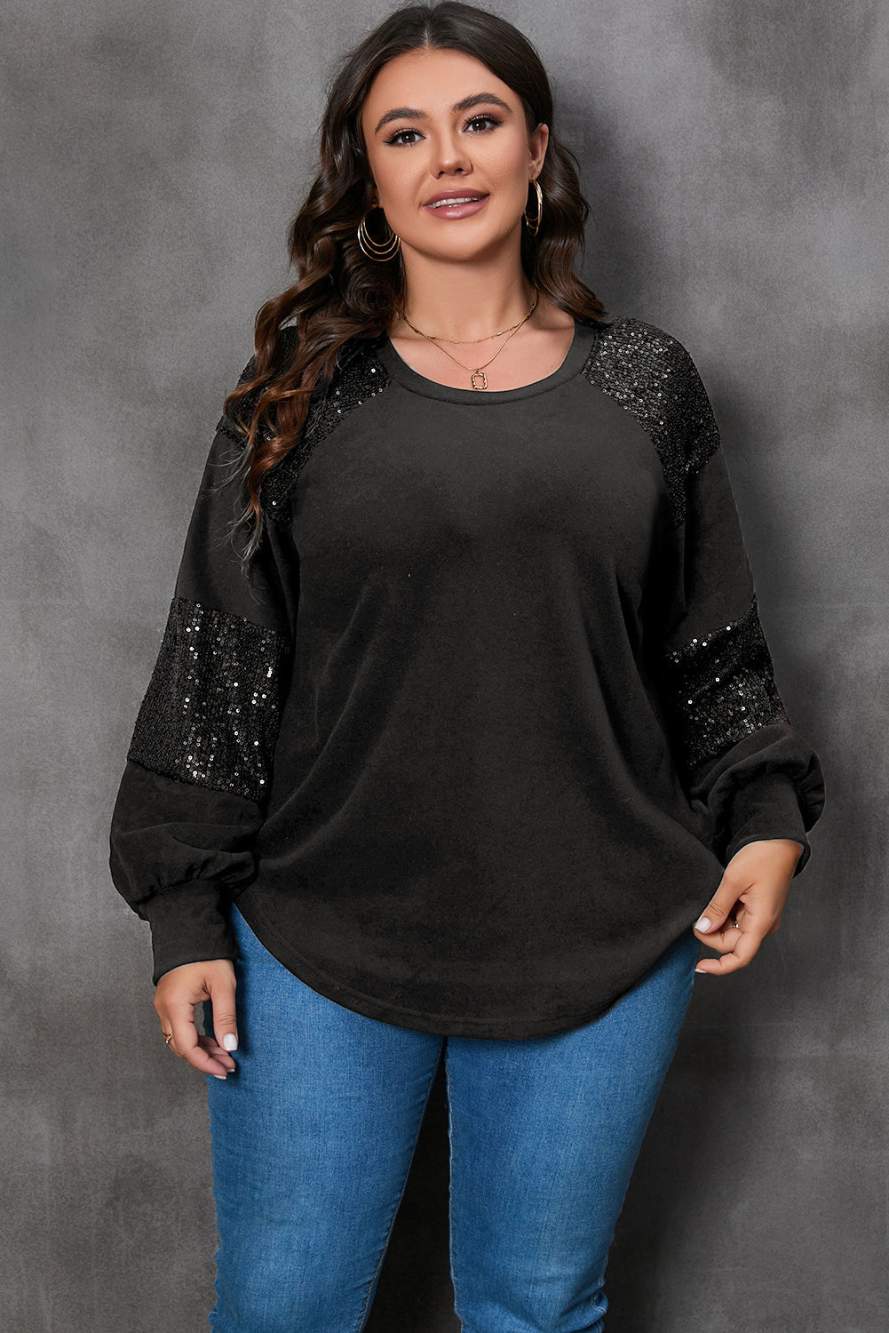 Black Plus Size Sequin Patchwork Crew Neck Long Sleeve Top