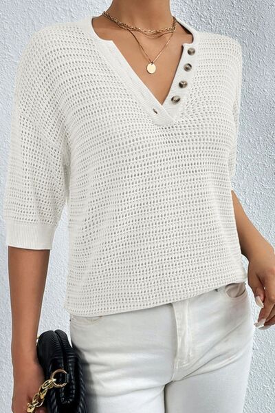 Half Button Dropped Shoulder Knit Top