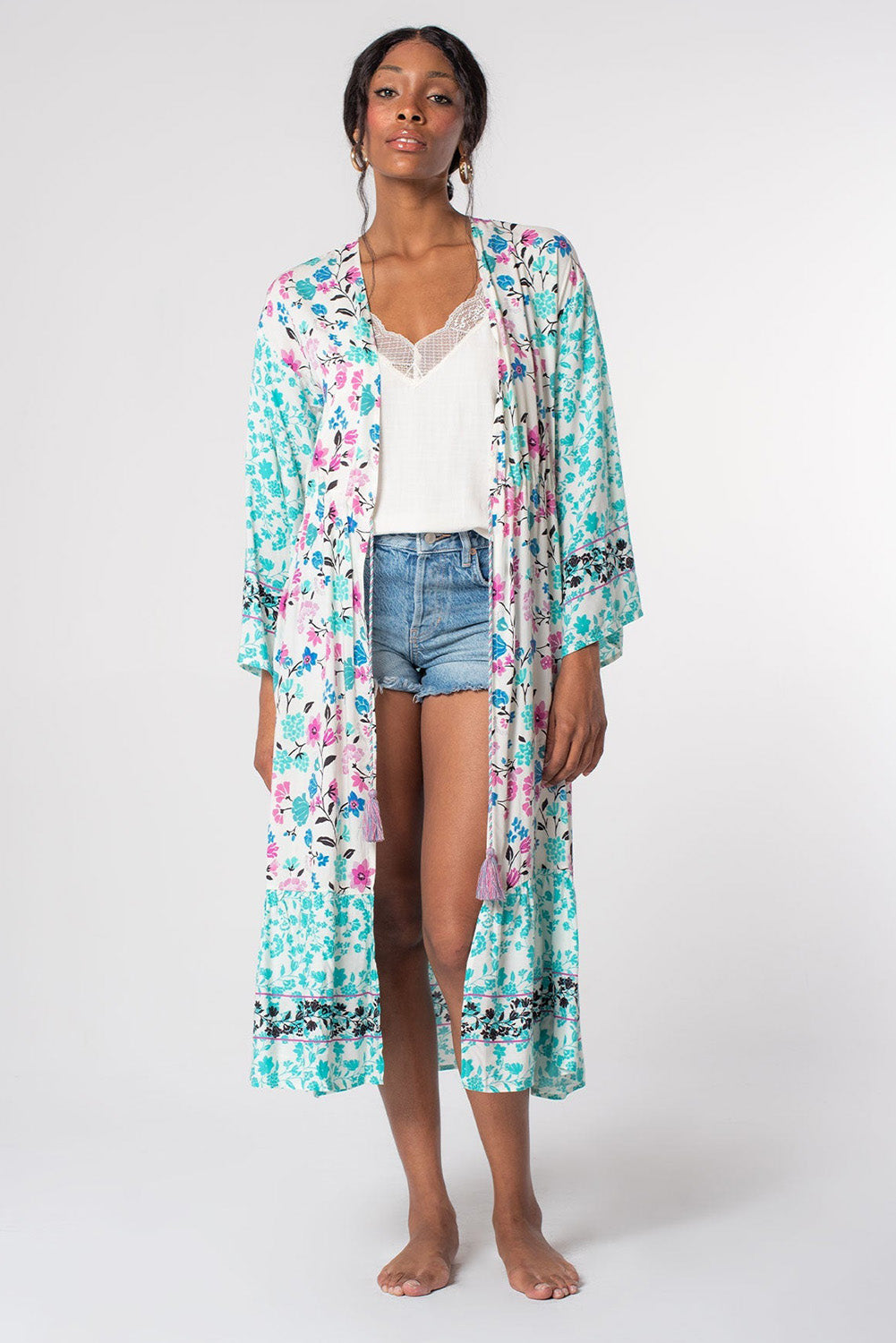 Long Sleeve Tassel Tie Floral Kimono