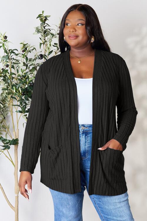 Blue Ribbed Open Front Cardigan with Pockets