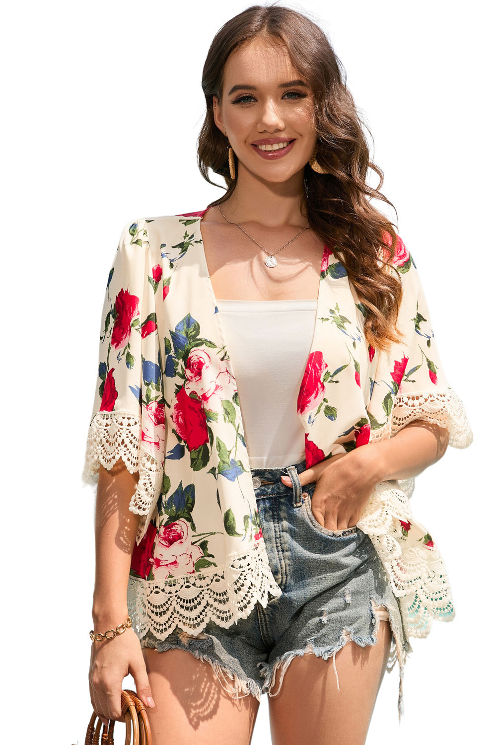 Beige Floral Print Scalloped Lace Splicing Kimono