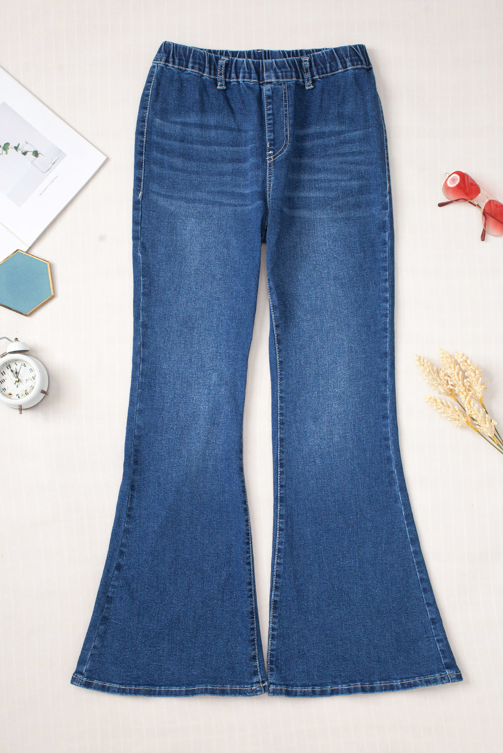 Blue Elastic High Waist Flare Jeans