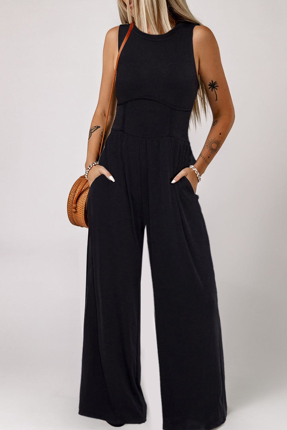 Black Cinched Waist Sleeveless Wide Leg Jumpsuit