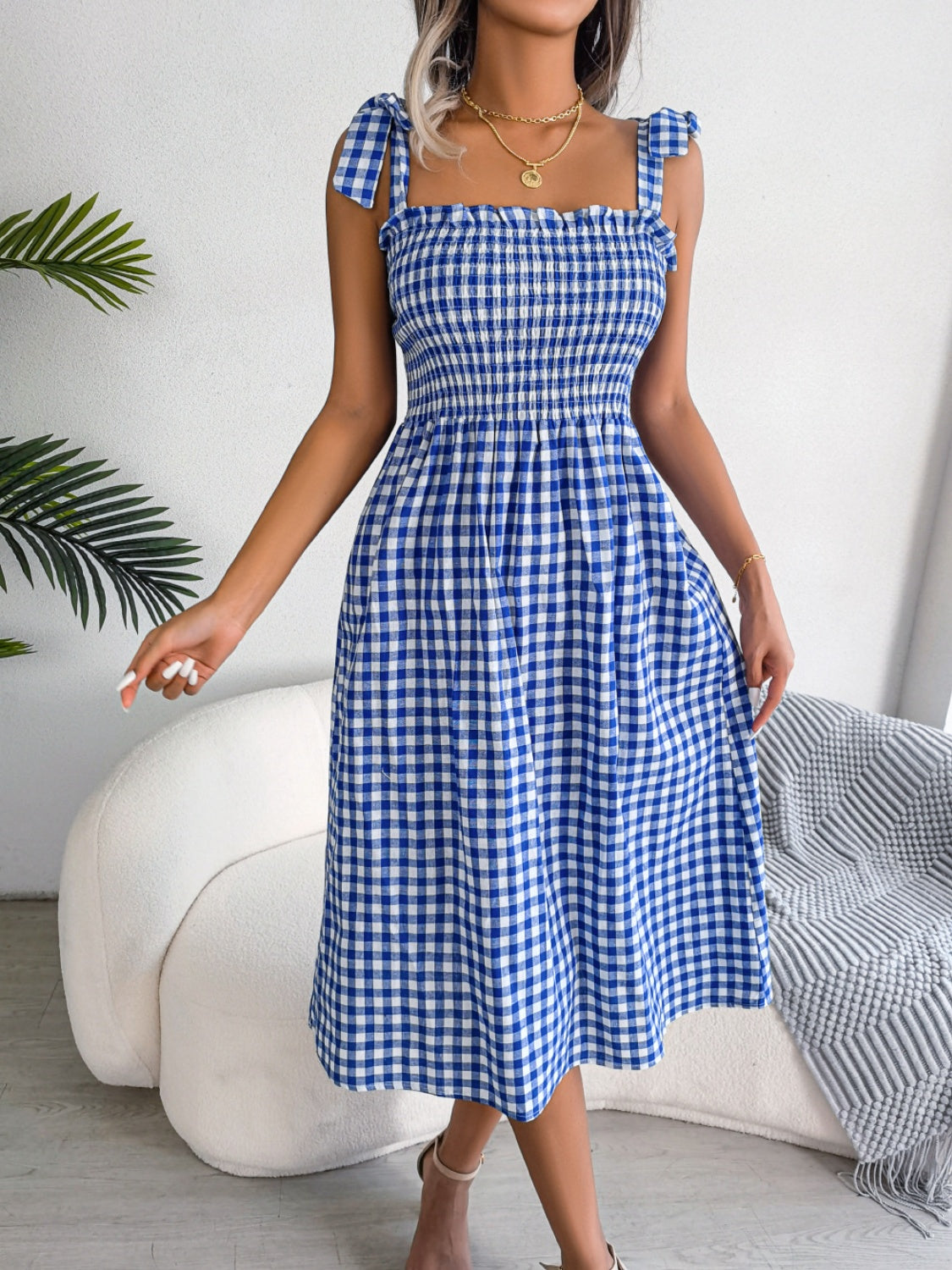 Frill Plaid Square Neck Midi Dress