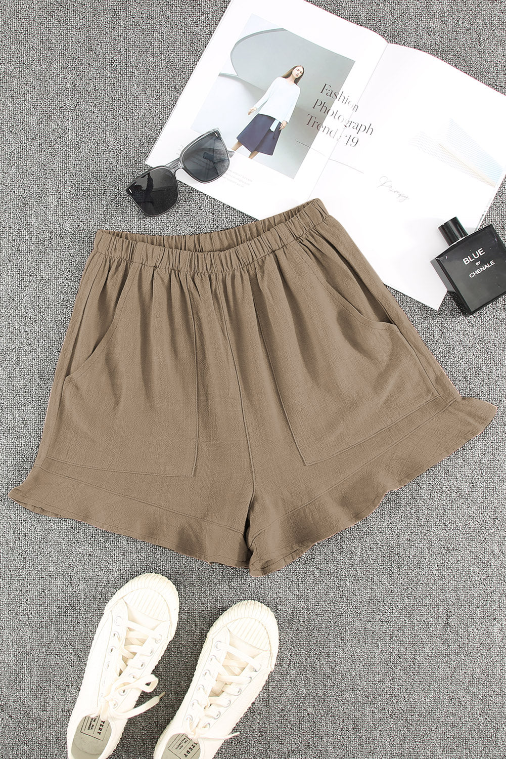 Khaki High Waist Pocketed Ruffle Shorts