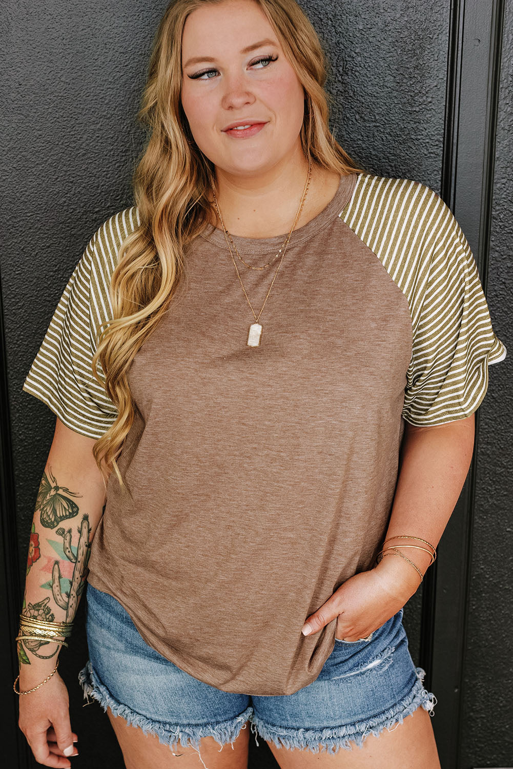 Light French Beige Striped Raglan Sleeve Crewneck Plus Size T Shirt