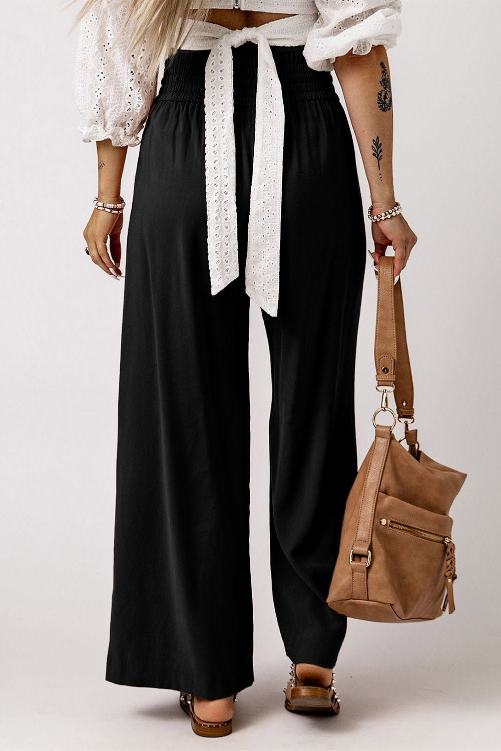 Black Drawstring Elastic Waist Casual Wide Leg Pants