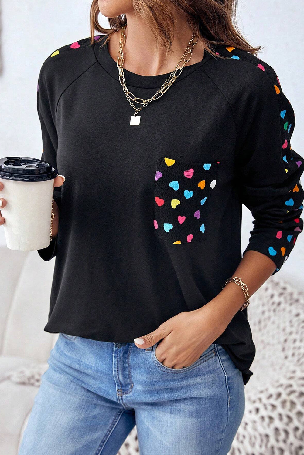 Black Valentine's Day Love Hearts Raglan Sleeve Top