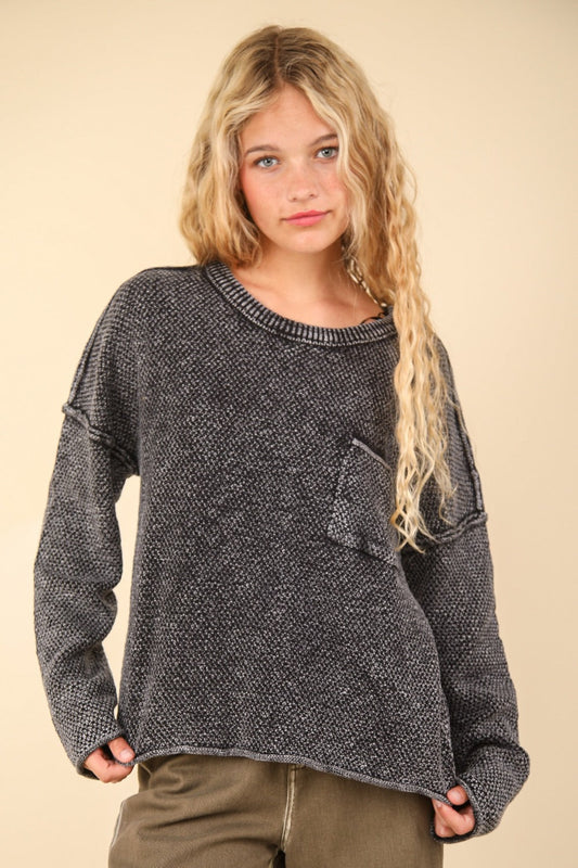 Black Mineral Washed Exposed  Seam Knit Sweater