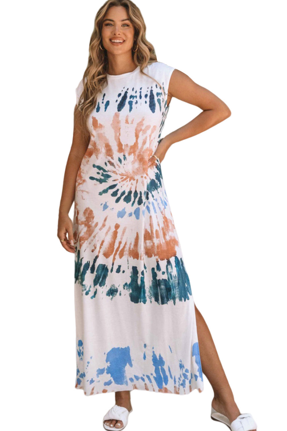 White Cap Sleeve Tie Dye Long Slit Dress